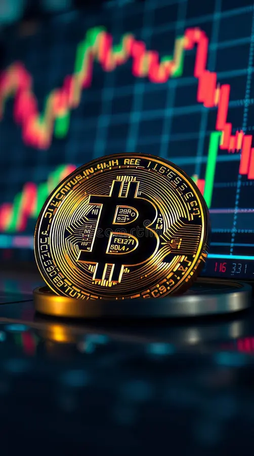 Gold Bitcoin coin resting in front of a blurred digital cryptocurrency candlestick trading chart.